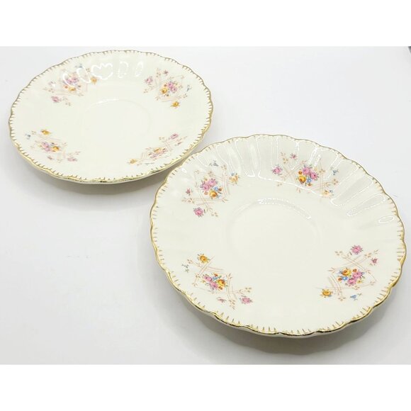 Vintage Limoges New Princess Porcelain Saucer Set Of 2 Gold Trim Scalloped Edges - Picture 2 of 7